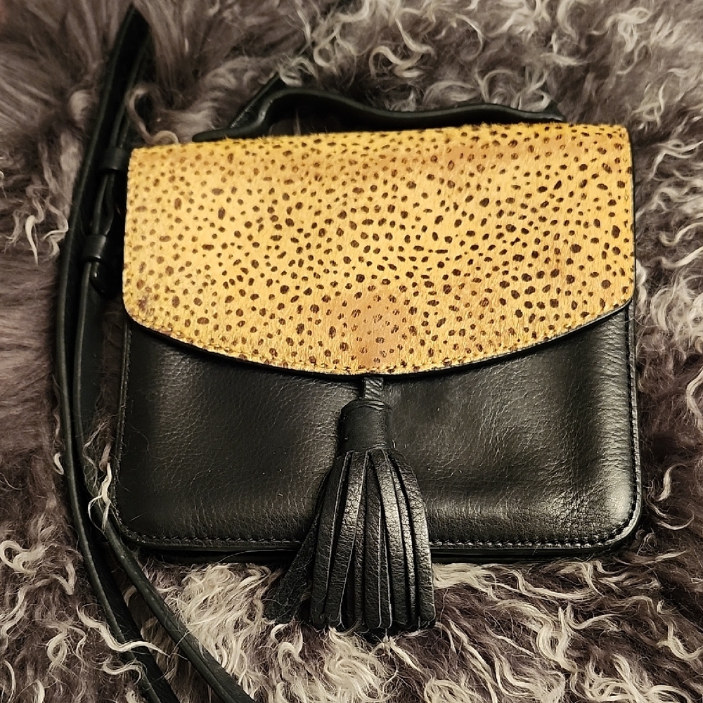 Lucky Brand Small Black Leather Crossbody With Animal Print